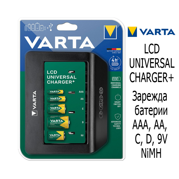 Varta LCD Universal Charger+ Универсално зарядно устройство може да зарежда AA / AAA / C / D и 9V NiMH акумулаторни батерии LC Varta LCD Universal Charger+ Универсално зарядно устройство може да зарежда AA / AAA / C / D и 9V NiMH акумулаторни батерии LC