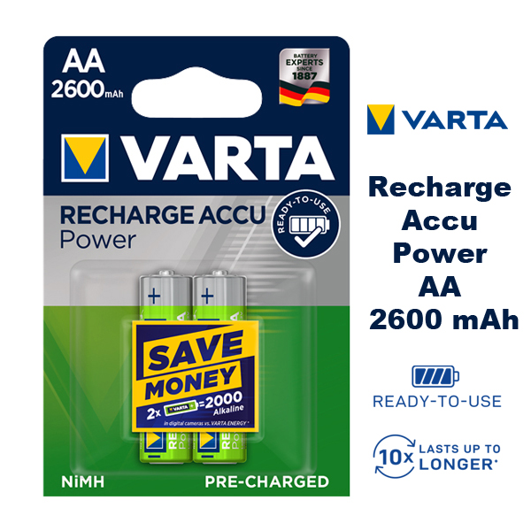 Акумулаторни батерии VARTA Recharge Accu Power AA 2600 mAh NiMH 1.2V 2 броя акумулаторни батерии NM1500, AA, LR6, HR6, DC1510 Акумулаторни батерии VARTA Recharge Accu Power AA 2600 mAh NiMH 1.2V 2 броя акумулаторни батерии NM1500, AA, LR6, HR6, DC1510