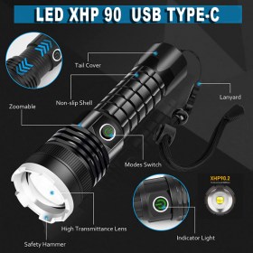 Фенер CREE XHP90 LED 10000 лумена с регулиране на фокуса, възможност да работи с батерия 26650 3.7V Li-ion или 18650 3.7V Li-ion, USB Type C порт за зареждане, 5 режима на светлина.