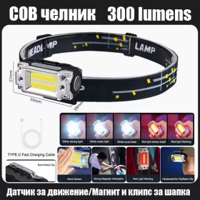 Мултифункционален COB челник с датчик за движение, 300 lm, USB Type-C зареждане, магнит и клипс