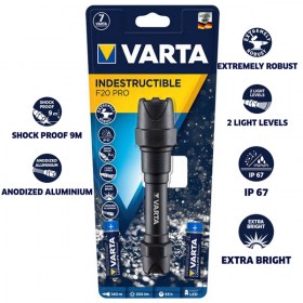 VARTA INDESTRUCTIBLE F20 PRO 6 WATT 350 лумена обхват на светене до 140 метра продължителност на светене до 55 часа устойчив на вода и прах IP67 и тест на падане от 9 метра