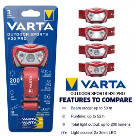 VARTA Outdoor Sports H20 Pro Челник LED, Димираща функция, 200 лумена, Обхват на лъча 50 метра, Издържливост до 52 часа, Бяла и червена светлина, IPX4, Включени батерии 3xAAA