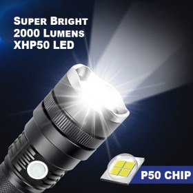 Тактически фенер XHP50 CREE с 2000 лумена, с телескопичен фокус, 3 режима на светене и авариен режим, възможност да работи с няколко модела батерии 18650 или 26650 3.7V Li-ion и ба