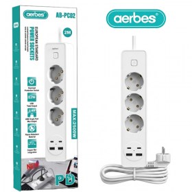 Разклонител Aerbes с 3 гнезда, USB-A и USB-C PD 12W портове и 2 метра кабел