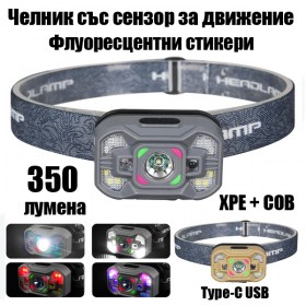 Челник със сензор за движение, 350 lm, XPE + COB LED, флуоресцентни стикери, USB Type-C зареждане