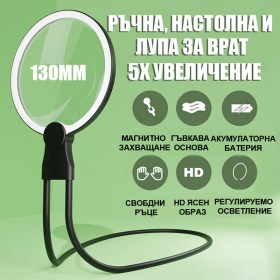 Лупа 3 в 1 за глава, врат, настолна с 24 LED диода, регулируема яркост и Type-C зареждане