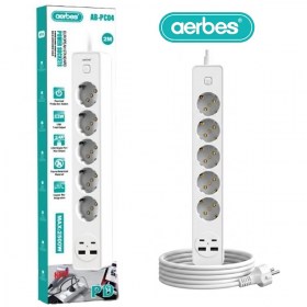 Разклонител Aerbes с 5 гнезда, USB-A и USB-C PD 12W портове и 2 метра кабел