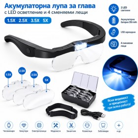 Акумулаторна лупа за глава с 2 LED светлини и сменяеми лещи